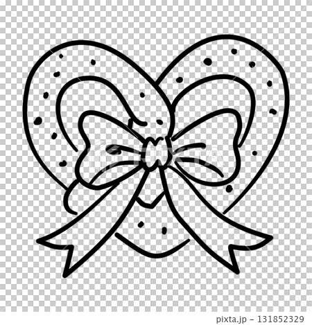 Heart Pretzel Line Art with Ribbon Bow Coquette Thanksgiving Snack Outline Illustration for Fall Bakery Autumn Kitchen Decor and Sweet Holiday Design 131852329