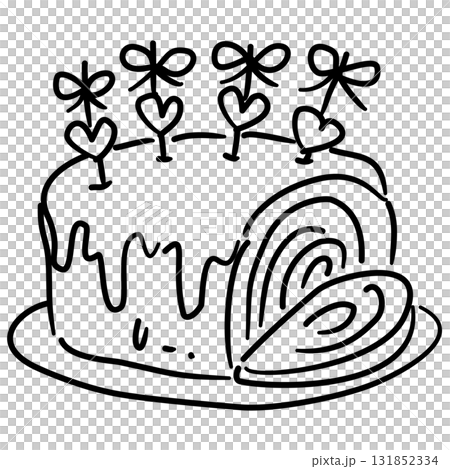 Swiss Roll Cake Line Art with Heart and Bow Toppers Coquette Thanksgiving Dessert Outline Illustration for Fall Bakery Autumn Sweet Table and Festive Decor 131852334