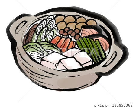 豆腐、つくね、鮭、ねぎ、人参、しめじ、白菜の入った鍋の水墨画風イラスト 豆腐、つくね、鮭、ねぎ、人参、しめじ、白菜の入った鍋の水墨画風イラスト 131852365
