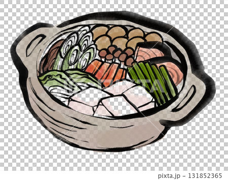 豆腐、つくね、鮭、ねぎ、人参、しめじ、白菜の入った鍋の水墨画風イラスト 豆腐、つくね、鮭、ねぎ、人参、しめじ、白菜の入った鍋の水墨画風イラスト 131852365