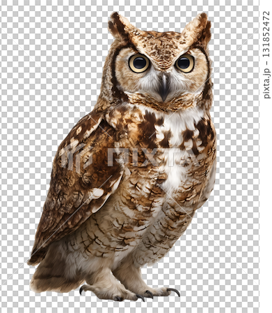 Realistic Owl with Tufted Feathers and Intense Eyes on White 131852472