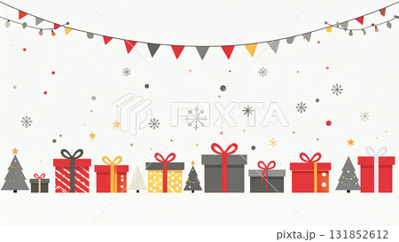ガーランドとギフトボックスが並ぶシンプルでモダンなクリスマス背景/おしゃれで洗練された冬のデザイン素 ガーランドとギフトボックスが並ぶシンプルでモダンなクリスマス背景/おしゃれで洗練された冬のデザイン素 131852612