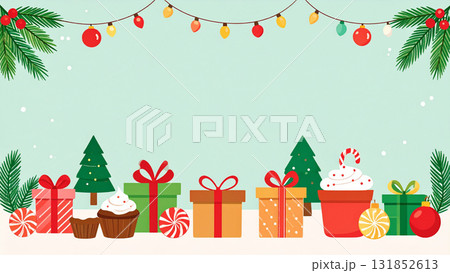 ガーランドとプレゼントが並ぶ可愛いクリスマスイラスト背景／明るく楽しい冬のデザイン素材 131852613
