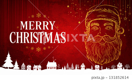 赤い背景に金色のサンタクロースとメリークリスマス文字が描かれた背景／華やかで高級感のある冬のデザイン 131852614