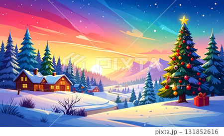 雪山とログハウス、クリスマスツリーが並ぶ冬の風景イラスト／温かみのあるホリデーアート 131852616