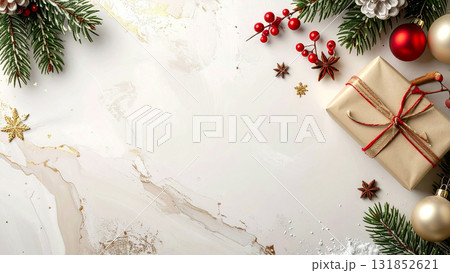 ギフトボックスと松の枝が並ぶ大理石風のクリスマス背景/ナチュラルで洗練された冬のデザイン素材 ギフトボックスと松の枝が並ぶ大理石風のクリスマス背景/ナチュラルで洗練された冬のデザイン素材 131852621