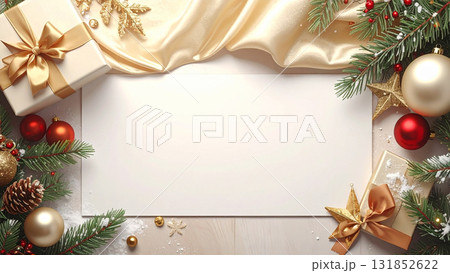 ゴールドのリボンと赤いオーナメントが飾られたクリスマスカード背景/上品で華やかな冬のデザイン素材 ゴールドのリボンと赤いオーナメントが飾られたクリスマスカード背景/上品で華やかな冬のデザイン素材 131852622