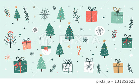 クリスマスツリーとプレゼントが散りばめられたかわいい背景パターン/冬のギフトシーズン素材 クリスマスツリーとプレゼントが散りばめられたかわいい背景パターン/冬のギフトシーズン素材 131852623