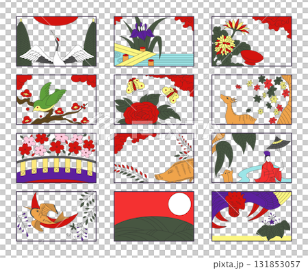 12種類の横向き花札アイコンセット 12種類の横向き花札アイコンセット 131853057