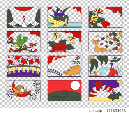 12種類の横向きシンプル花札アイコンセット 12種類の横向きシンプル花札アイコンセット 131853058