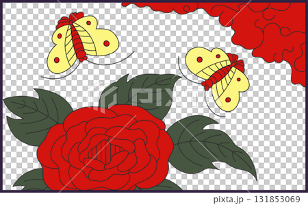 Horizontal Hanafuda single icon: Peony and butterfly Horizontal Hanafuda single icon: Peony and butterfly 131853069