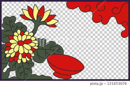 横向きのシンプル花札単品アイコン　菊に盃 131853076