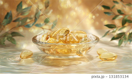 水面に浮かぶサプリメント入りのガラスの器。背景には植物の葉が描かれたイラスト。 水面に浮かぶサプリメント入りのガラスの器。背景には植物の葉が描かれたイラスト。 131853134