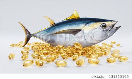 オメガ3脂肪酸を豊富に含むマグロと、金のサプリメントカプセル。グレーの背景。 131853166