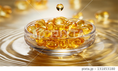 金色のオイルの波紋が広がる上に置かれた、サプリメント入りのガラスの器と一滴の雫。 131853180