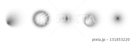 Halftone gradient circles set. Abstract dotted round shapes. Radial fading patterns, retro comic textured sphere silhouettes, minimal monochrome stippling geometric point graphic shading effect 131853220