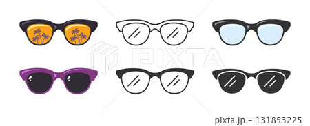 Sunglasses palm trees in lenses. Modern frame clear and dark glass eyeglasses set. Shades simple outline, flat, silhouette, glyph style spectacles. Casual minimal stylish eyewear, fashion accessory 131853225