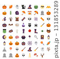 A collection of Halloween-themed icons featuring pumpkins, ghosts, black cats, witches, cauldrons, skulls, spiders, and candy 131853289