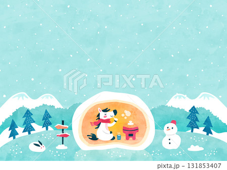 かまくらでお餅を食べる馬の背景イラスト 冬の雪景色の自然風景（水彩
