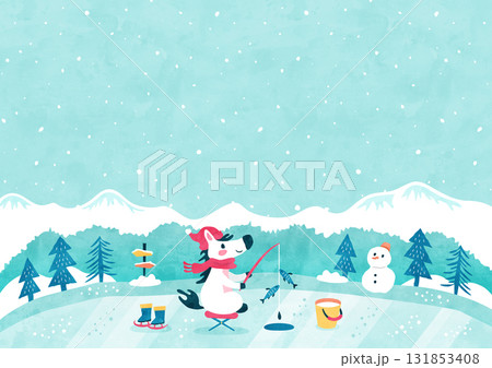 馬のワカサギ釣りの背景イラスト 冬の雪景色の自然風景(水彩風) 馬のワカサギ釣りの背景イラスト 冬の雪景色の自然風景(水彩風) 131853408