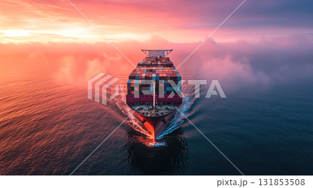 A container cargo ship navigates through the sea. Generative AI. A container cargo ship navigates through the sea. Generative AI. 131853508