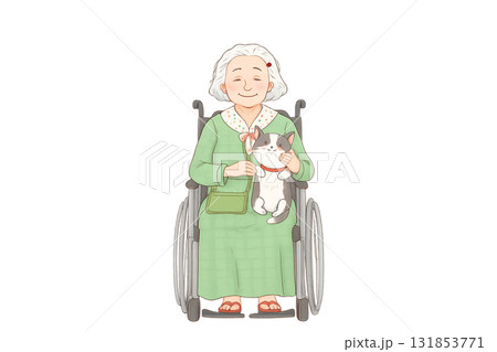 猫を抱く車椅子のおばあさん 131853771