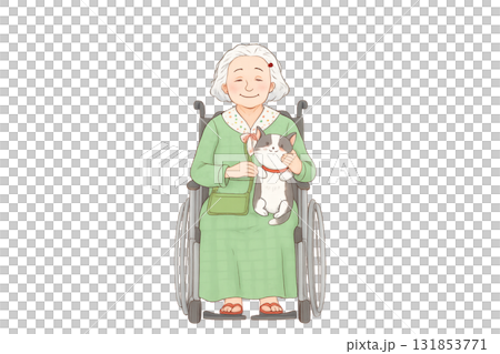 猫を抱く車椅子のおばあさん 131853771