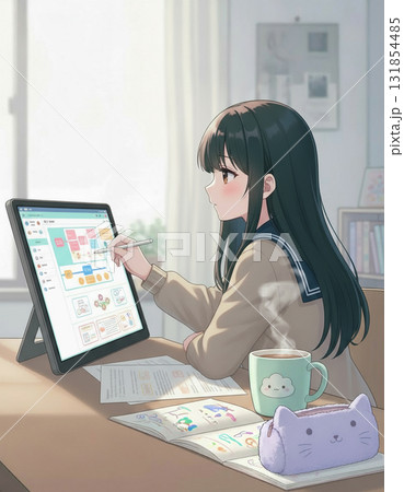 大型のタッチパネル液晶ディスプレイに向かい、タッチペンで作業する女子高生 131854485