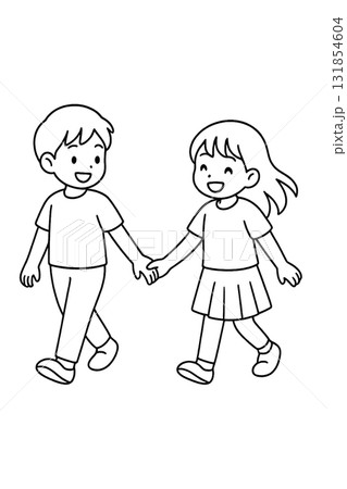 手をつなぐ仲良し男女の二人。線画イラスト 131854604