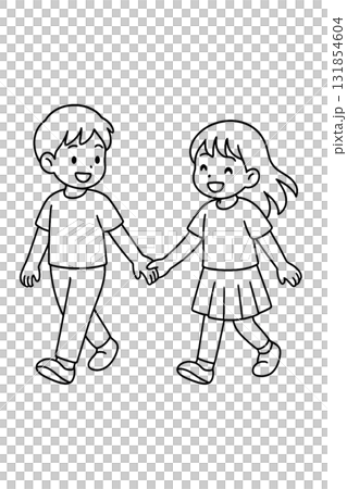 手をつなぐ仲良し男女の二人。線画イラスト 131854604