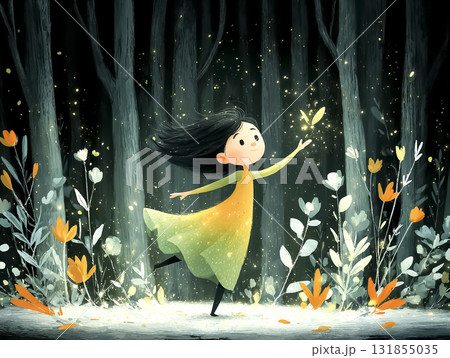 若い女性が夜の森で光の粒に包まれて踊るシーン 若い女性が夜の森で光の粒に包まれて踊るシーン 131855035