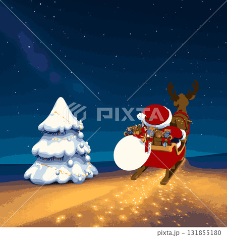 クリスマスの夜にサンタクロースとトナカイがプレゼントを乗せて夜空を飛ぶクリスマスイラスト 131855180