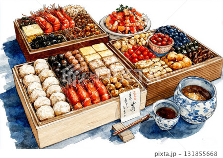 手書き風の水彩で描いたおせち料理のイラスト 131855668