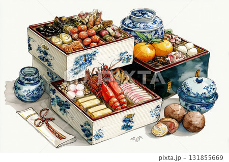 手書き風の水彩で描いたおせち料理のイラスト 手書き風の水彩で描いたおせち料理のイラスト 131855669