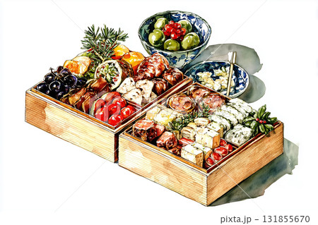 手書き風の水彩で描いたおせち料理のイラスト 131855670
