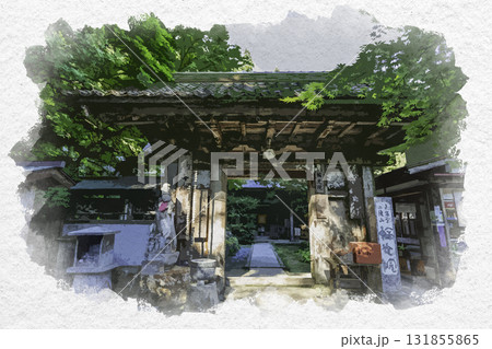 水彩画風　三徳山三佛寺　輪光院　山門　鳥取県三朝町 131855865