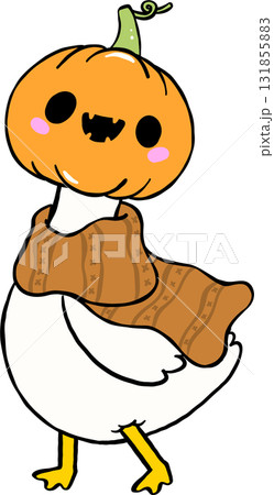 Cartoon Porch Goose Halloween with Pumpkin Head Illustration Hand Drawn 131855883