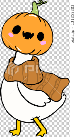 Cartoon Porch Goose Halloween with Pumpkin Head Illustration Hand Drawn 131855883