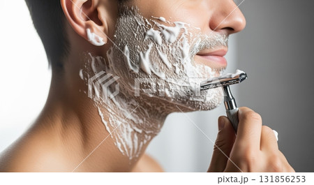 Close up of a man with shaving cream on his face and neck, using a safety razor for morning grooming routine. 131856253