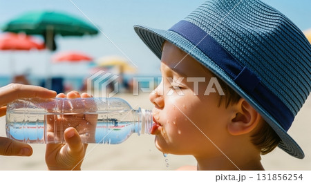 Young boy in a blue hat drinking refreshing water from a bottle on a sunny beach 131856254