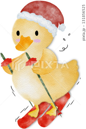 Cute yellow duckling with Christmas decorations and roller skates. Christmas illustration of a yello Cute yellow duckling with Christmas decorations and roller skates. Christmas illustration of a yello 131856525