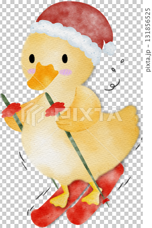 Cute yellow duckling with Christmas decorations and roller skates. Christmas illustration of a yello Cute yellow duckling with Christmas decorations and roller skates. Christmas illustration of a yello 131856525