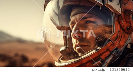 Astronaut Contemplating Mars Landscape. Generative ai Astronaut Contemplating Mars Landscape. Generative ai 131856636