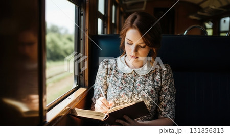 Young woman journaling in a vintage train with cinematic light filtering through the window Young woman journaling in a vintage train with cinematic light filtering through the window 131856813