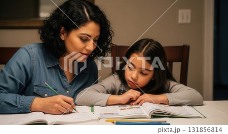 Attentive mother assisting her little girl with school homework and studying at a home table Attentive mother assisting her little girl with school homework and studying at a home table 131856814