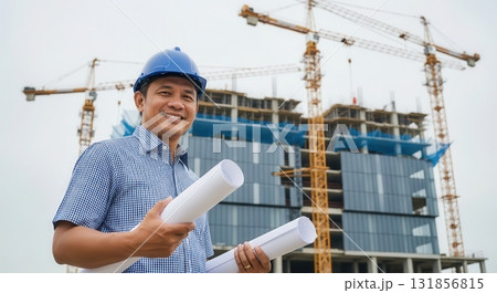 Smiling male architect in blue hard hat holding blueprints at construction site Smiling male architect in blue hard hat holding blueprints at construction site 131856815