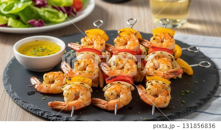 Grilled shrimp skewers with bell peppers and onion, served on a slate board with a side sauce 131856836