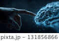 human hand gently touches digital brain, symbolizing connection between technology and human intelligence. scene is illuminated with blue glow, creating futuristic atmosphere 131856866
