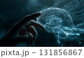 human hand gently touches glowing digital brain, symbolizing connection between technology and human intelligence. intricate network of lights represents neural connections 131856867