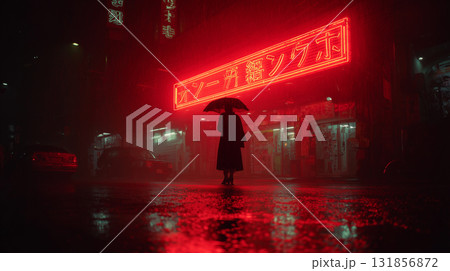 person standing under glowing red neon sign in rain, creating moody atmosphere. wet pavement reflects vibrant colors, enhancing urban night scene person standing under glowing red neon sign in rain, creating moody atmosphere. wet pavement reflects vibrant colors, enhancing urban night scene 131856872